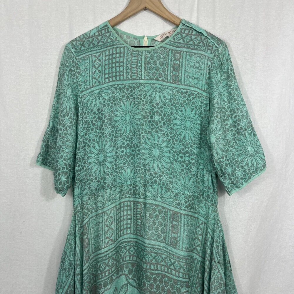 Ritu Kumar Handkerchief Hem Geo Floral Print Mint Green Flowy Boho Dress Size 40